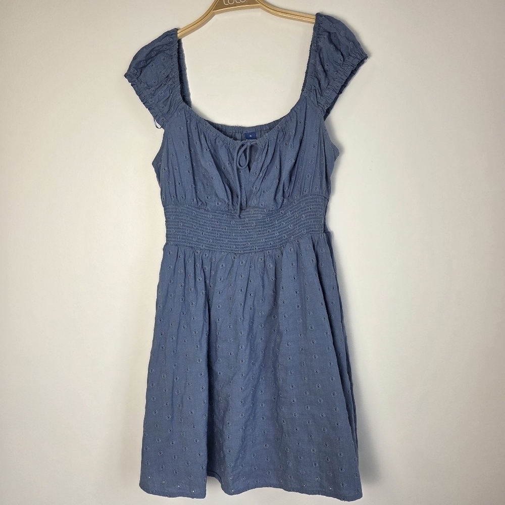 Old Navy Blue Embroidered Eyelet Waist-Defined Smocked Mini Dress - Picture 5 of 10